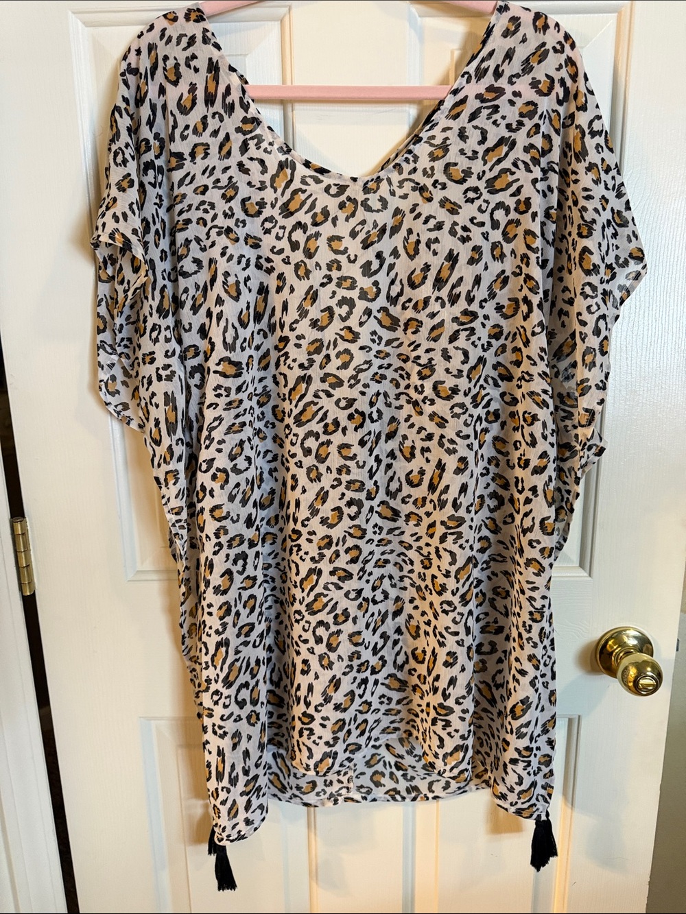 Leopard Print Tassel Hem Tunic Top - Beige, Black, Gold